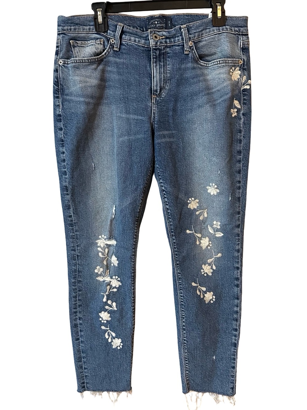 Lucky Brand Embroidered Floral Skinny Capri Jeans Raw Hem Boho Hippie Festival